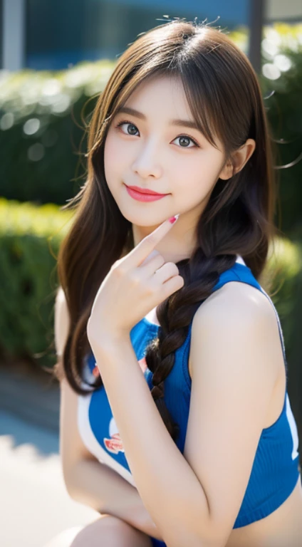 Cute beauty 18 years old wearing a light blue miniskirt