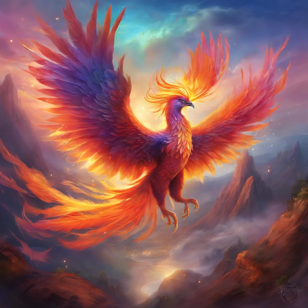 best quality,highres,ultra-detailed,realistic phoenix, vibrant colors,colorful feathers,bright flames, majestic wings,glorious flight, intense gaze, dynamic pose, mythical creature, fantasy art, ethereal lighting