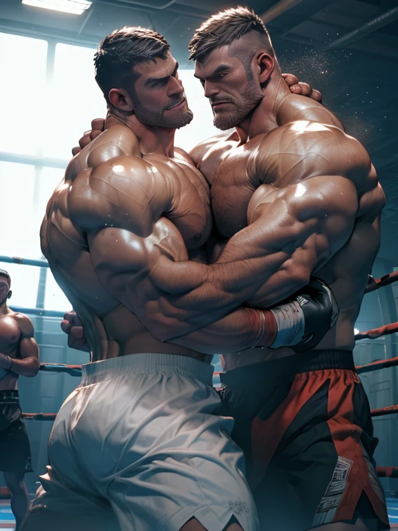 Cinematic Snapshot, (Two shirtless men in the ring, Fights without rules, A tense moment, fight for the mankind moment, active action, 2 senior muscle beard men are beating each other abs brutally (black hair and brown hair), bloody fight scene, bruised on their muscles, manliness fight, cinematic quality, movie lighting, high resolution, Maximum photorealism, maximum definition, extremely manly fight atmosphere, perfect muscle anatomy, perfect boxing choreograph, active action.