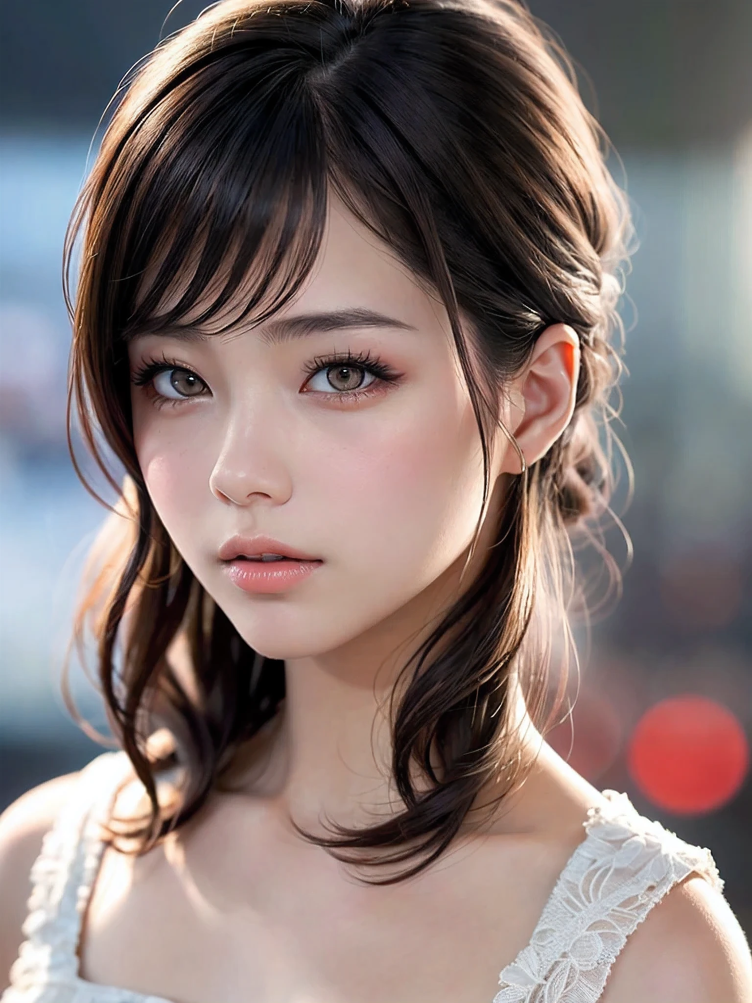 A woman posing in a white dress and a purple line dress、idol singer、23 years old、stage、（Natural and detailed face standing、beautiful and detailed eyes、beautiful and dense lips、very detailed eyes、detailed face、long eyelashes）（8K resolution）、High resolution、masterpiece：1.2 )、Super detailed、bob hair、(real、photorealistic、photorealistic: 1.37)、princess cut、belle delphine、dress、8K、fantastic lighting、bright colors、