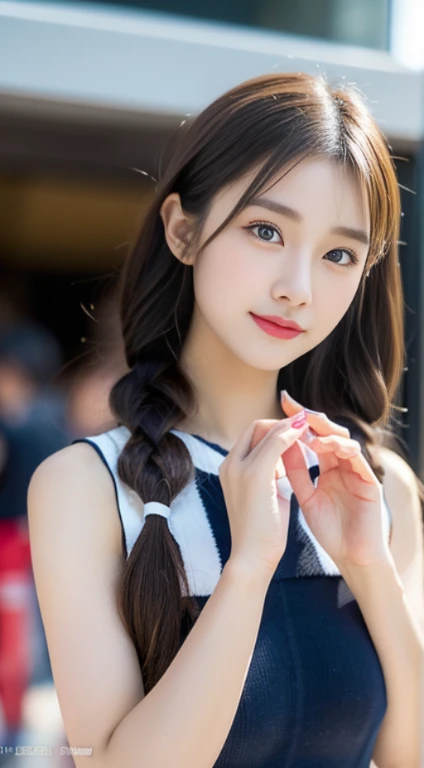 (((32K,very high res, high detailing, highly accurate,Masterpiece Girl 1))),Raw photo & realistic atmosphere,beautiful dark blue eyes,Detailed mouth,Glossy lips,Detailed eyebrows,Soft white skin that shines with every detail,,Eyes drawn in detail、Very beautiful eyes with azure eyes,Detailed lips、Very beautiful face,Very well-formed face、Lifelike face,shiny beautiful lips,Beautiful eyebrows,Infinite reality,Best design,(Insanely cute Japan ,Healthy style,Beautiful breasts with big breasts,Very cute beautiful girl,Little Girl:1.5)al Makeup,Japanese ido,Korean Idols,Japan Cheer Girl,Korean Cheergirls,Moist eyes,Dark beautiful eyes,Beautiful butt,beauty legs,,camel's foot,,Skinny Fingers,Detailed beautiful legs:1.3),超A high resolution、,Natural and realistic face,Back lighting,Pure eyes are too cute,(((photorealisim))),Reality Live Action,(Simple piercing,Glossy nail art:1.6),(Colorful cheergirl costume with high detail design,Cheerful Cheergirl,17-year-old girl,light brown hair,Braided half-up,solo,natural make up:1.7),(Beautiful cheerful girl full body costume display,squatting and opening legs,I'm cheering for you cheerfully,Packed match venues,Photograph the whole body,Shooting from medium distances:1.8)