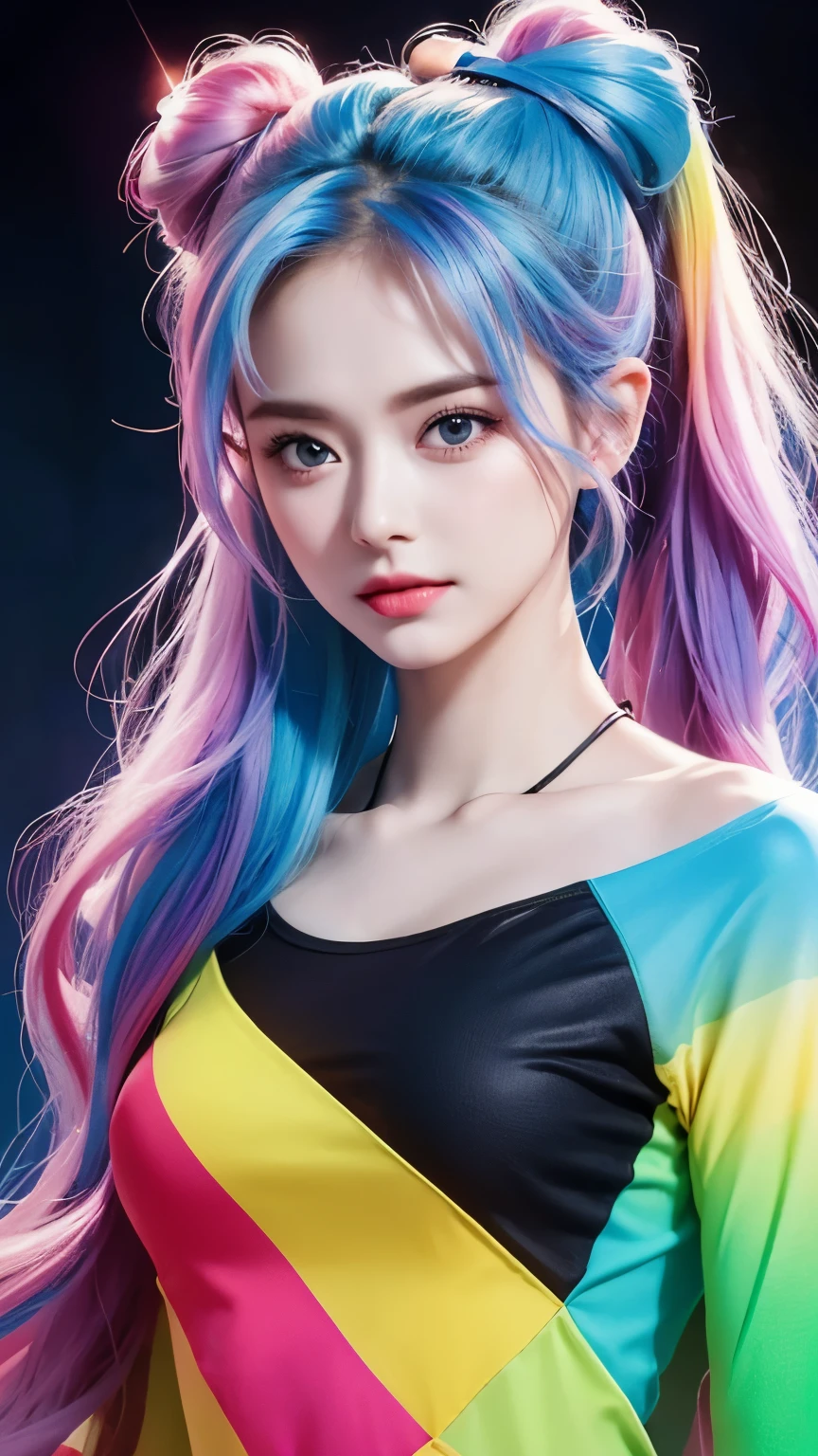 Get ready to stand out with this visually descriptive and detailed t-shirt, showcasing a stunning rainbow color gradient high ponytail. The stylistic rendering of the colorful hair adds a touch of creativity to the already unique design, making it a must-have for any fashion lover.
