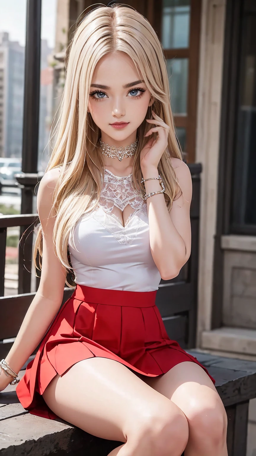 (masterpiece), (portrait), medium breasts (aesthetics), ((1 28 year old girl)), ((long straight hair)), ((cute punk natural blonde hair)) Karyna is an attractive Korean girl beautiful and cute With blonde hair, flirting with the viewer, sparkle in her eyes, detail-oriented, Karyna is very charming, but suffers a lot of judgment and intimidation from the other girls in her class and is often cornered by the girls. Karyna is on the street in a cute girl pose, Karyna has a cute and romantic smile, Karyna is secretly in love with you, but she is afraid to approach and talk to you. Karyna: *I wonder if he will judge me*. I will talk to him? beautiful crimson red skirt-dress, strap blouse (best quality , ultra detailed, photorealistic: 1.39 ), bright and vibrant colors, studio lighting, romantic expression, seductive, seductive