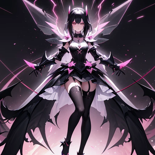 Long nose, Pale face, Big smile, Slightly spiky black hair, Basic black clothing, Dark and pink armor, Core in the center of the chest, Large neon wings, Suspended in the air, with wires holding it, Large stature, Cannon on the left arm, White high heels, very eccentric and petty personality, greedy, rollercoaster atmosphere