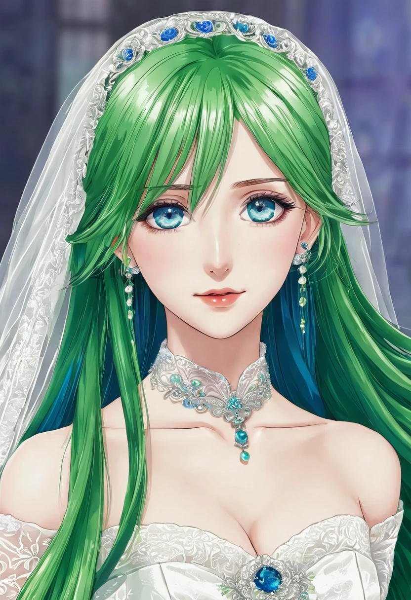 Anime girl with blue eyes, long green hair, and wedding clothes