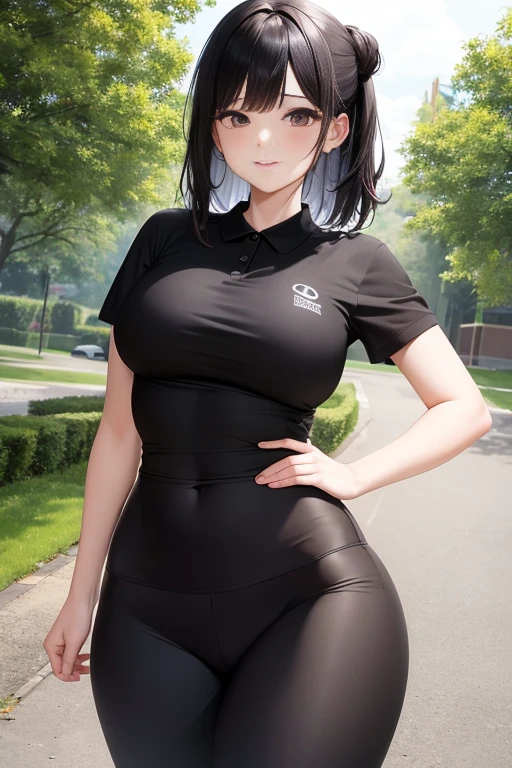 masterpiece、、1 female student、(((Missing arm,bare arms,black short sleeves)))white cloth bun、Shoulder leakage、chubby、Smile、(((、lace slap、black yoga pants)))pale pink lips、posing at school,(Soaked all over),legs are open, solo, White Polo Shirt, looking at the audience, (Thick thighs:1.0),It's raining,Red eyes, Blushed,blunt hair,flower headdress,lawn,hands on hips,creek,black hair