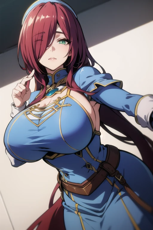 mature women,milf,large breast,beautiful face,long hair, shiny hair, green eyes,high detailed,red hair, hair over one eye,masterpiece,cowboy shot,perfect anatomy,cleveage,dynamic pose,Blue gold Knight armor, skirt,head band,motherly,