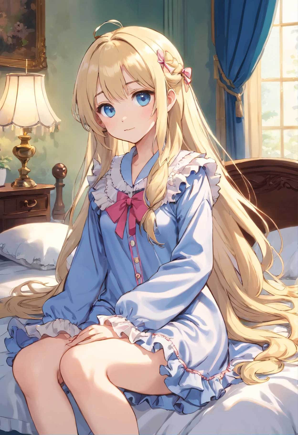 ,highest quality, masterpiece, highest resolution, artwork, super それにget used to it, many get used to it, get used to it, それにget used to it, An illustration,((10 year old s)),Super detailed baby face,Both are princesses,detailed luxury tiara,ruffle yoke collar,Detailed braided ribbon at chest,puff sleeves,long sleeve,((ロリータスタイルのピンワンピースのpajamas,Comes with lots of frills and ribbons。)),crazy'colorful fashion,luxury,Very long blonde hair,blue eyes,white skin european,pajamas,((inside the palace)),Girl sitting on bed,fine white frills and lace,Super long hair that is as tall as your body,white long socks,drawers with lots of frills,Super long flowing hair,on the bed,豪華な天蓋付きon the bed,pajamasパーティー,Lots of frilly pillows on the bed,
