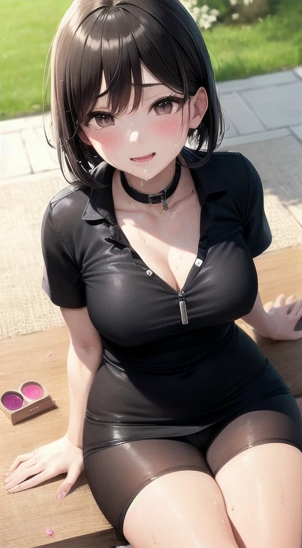 1 girl,  blush, cosmetics, Uniforms, whole body, wide angle, from above, garden,light, glow, thigh , clavicle, Willow Yao, (on the table), wallpaper,wet、Micro underwear that can be seen through clothes、short black hair，Smile，greet，hairpin，low collar，ditch，(((，pray)))，Under the cherry blossom tree，Heart-shaped neckline，Chest dew，lend a helping hand，sweat(((sweat直流,流sweat,Sweat profusely)))