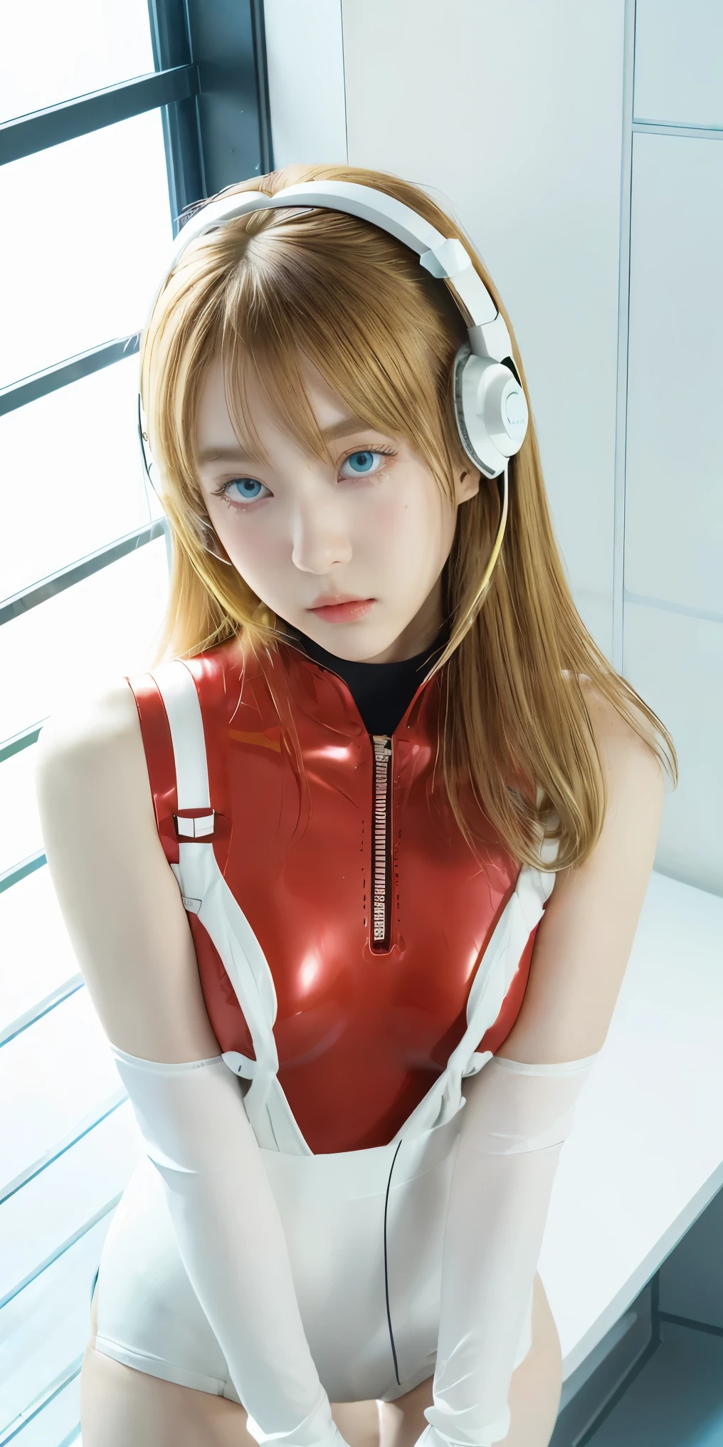 (Overhead view),dynamic angle,ultra-detailed, illustration, close-up, straight on, 1girl, 
 ((souryuu asuka langley, interface headset, red bodysuit:1.4, blonde)),Her eyes shone like dreamy stars,(glowing eyes:1.233),(beautiful and detailed eyes:1.1),(expressionless,closed mouth),(standing), 
(mechanic room with toolsand spaceship windowin a white SPACESHIP),
(night:1.2),dreamy, [[delicate fingers and hands:0.55]::0.85],(detail fingers),