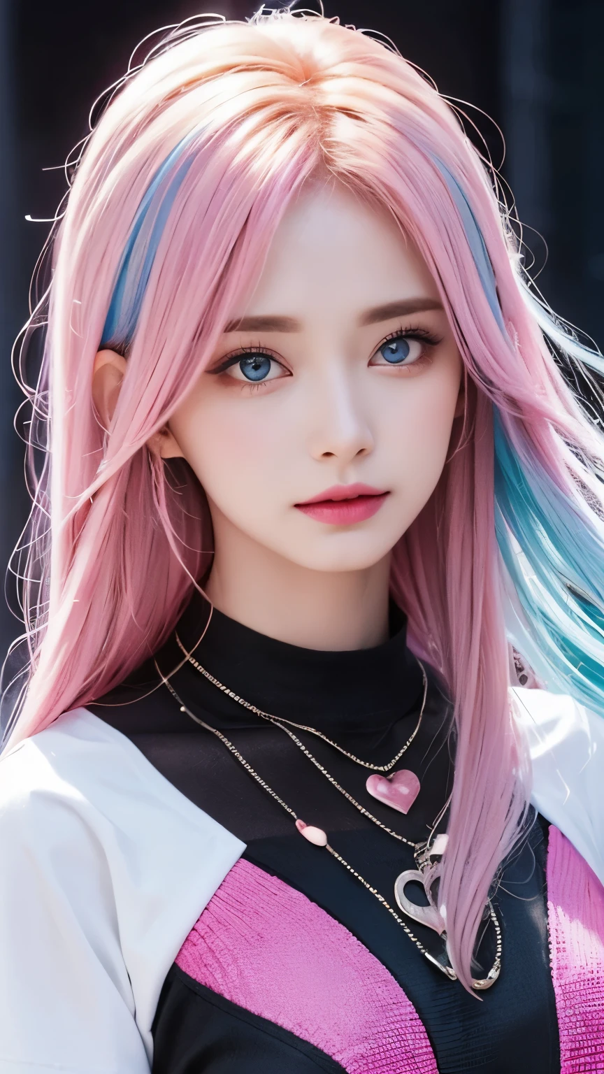 A unique and diverse fashion t-shirt with a vibrant pink hue, featuring a colorful hair design that captures all the colors of the rainbow. The vertical painting style adds an interesting twist to the overall look, with large crystal clear eyes that draw you in.