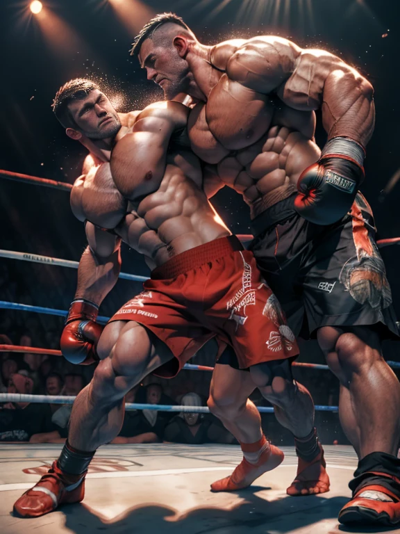 Cinematic Snapshot, (Two shirtless men in the ring, Fights without rules, A tense moment, fight for the mankind moment, active action, 2 senior muscle beard men are beating each other abs brutally (black hair and brown hair), bloody fight scene, bruised on their muscles, manliness fight, cinematic quality, movie lighting, high resolution, Maximum photorealism, maximum definition, extremely manly fight atmosphere, perfect muscle anatomy, perfect boxing choreograph.