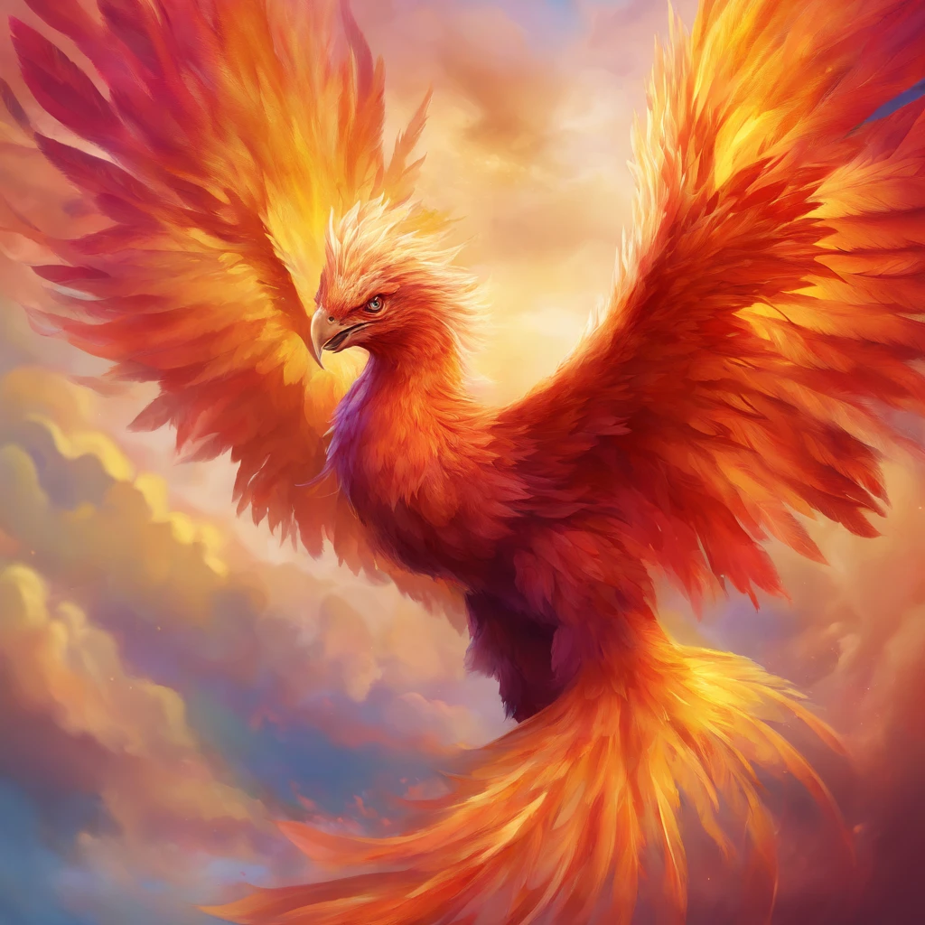 best quality,highres,ultra-detailed,realistic phoenix, vibrant colors,colorful feathers,bright flames, majestic wings,glorious flight, intense gaze, dynamic pose, mythical creature, fantasy art, ethereal lighting