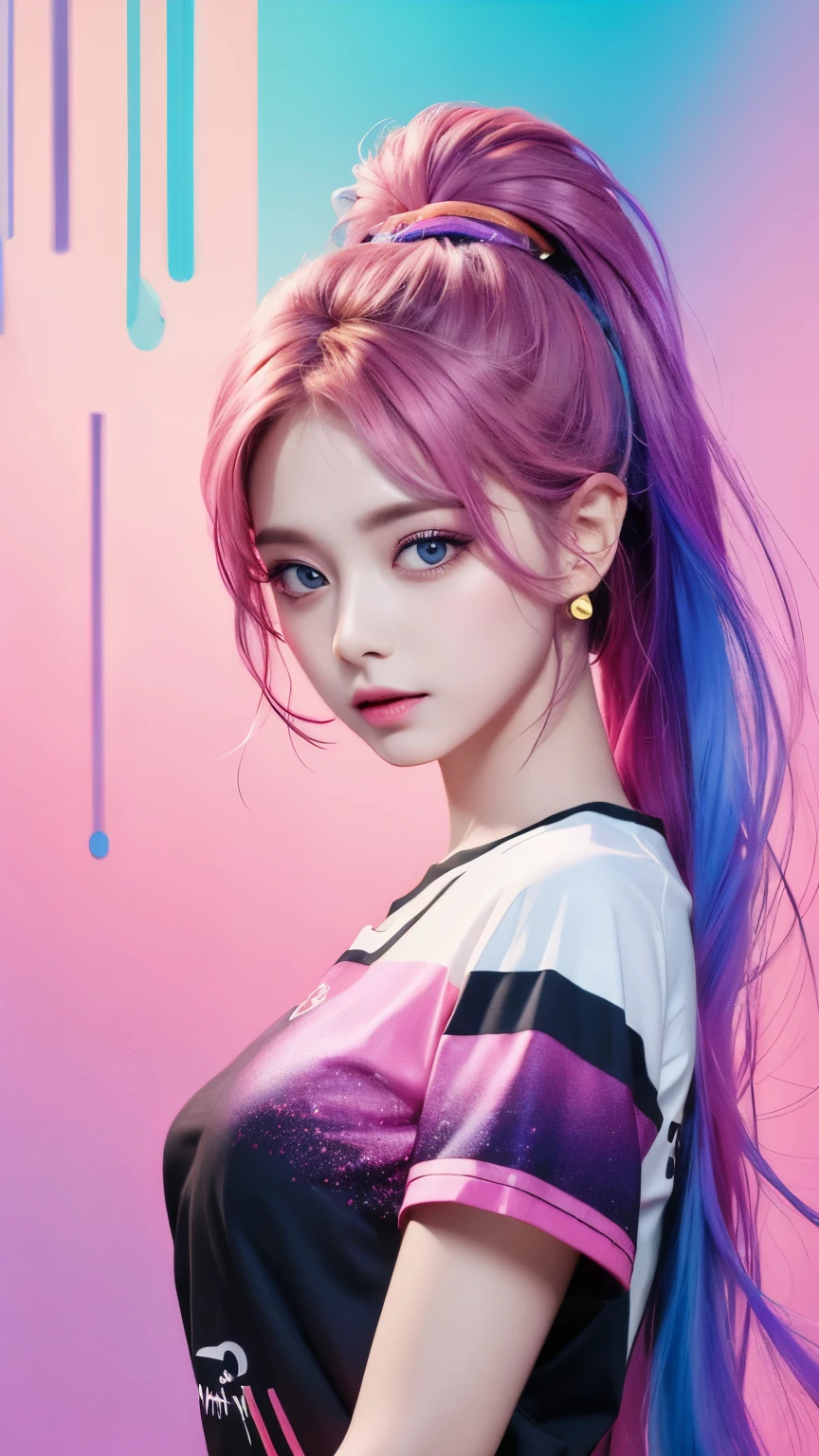 A unique and diverse fashion t-shirt with a vibrant pink hue, featuring a colorful hair design that captures all the colors of the rainbow. The vertical painting style adds an interesting twist to the overall look, with large crystal clear eyes that draw you in.