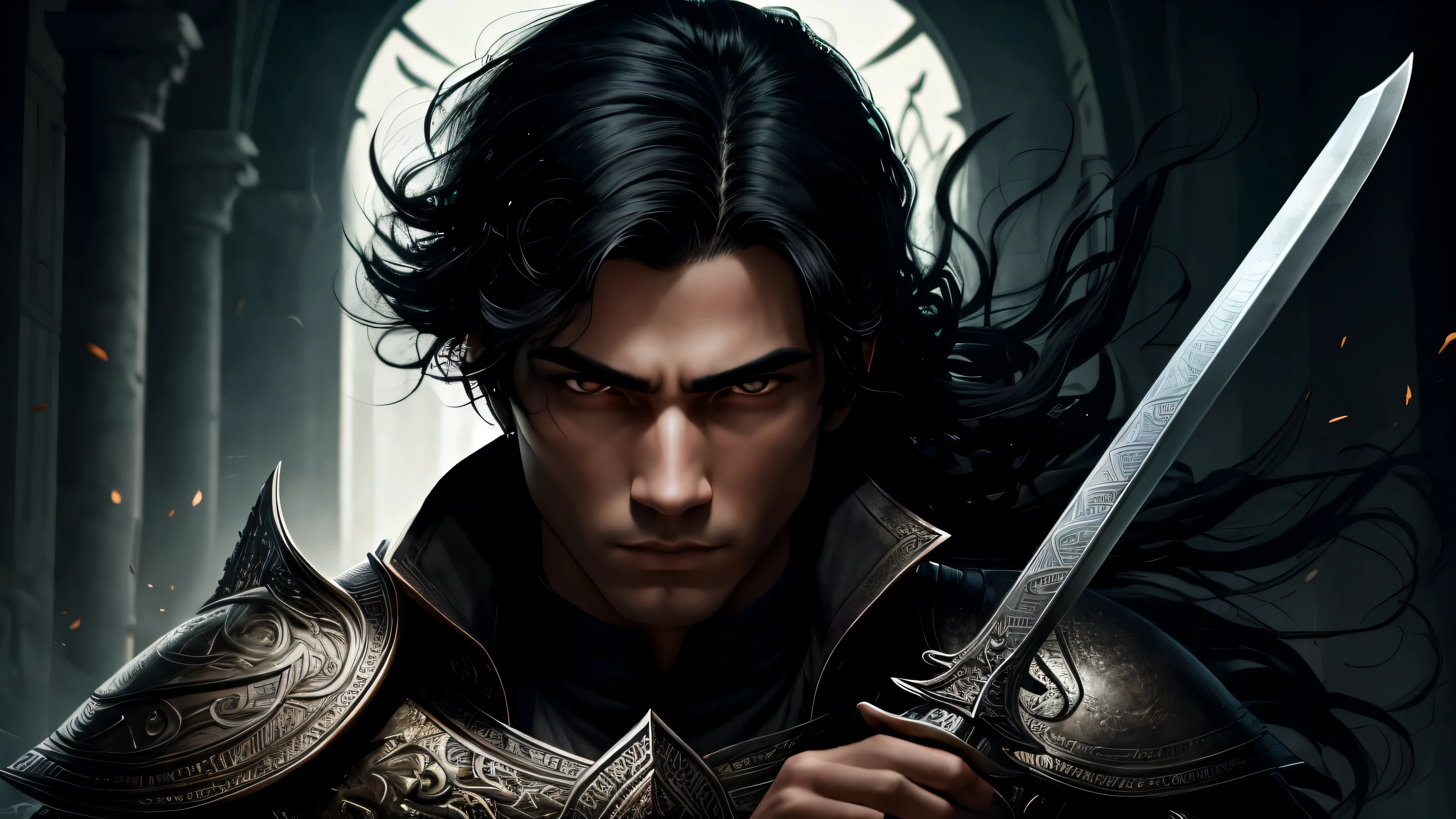 Draw a single man with black hair, wearing ornate leather armor and holding a simple sword in his hands. His eyes are completely white, No visible irises or pupils. He is in a battle pose, pronto para enfrentar qualquer desafio que se aproxime. Explore your aura of mystery and determination, capturing the interplay between your imposing presence and the environment around you
