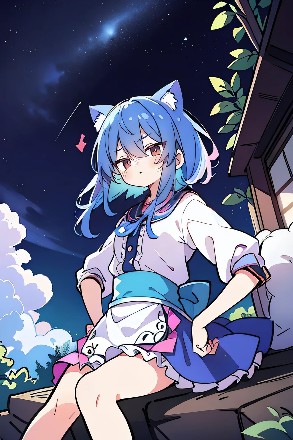 (masterpiece),best quality, expressive eyes, perfect face, 1girl,
Put your hands on your waist,fair, Gorgeous,Japanese cartoons,girl,lola,Hina Angel, blue hair, blue haired, floating clothes,Grab your waist, Grab your waist, hands on hips , hands on hips,sit, sit on ground, Legs on the ground, flat chest,starry sky,cat ear,