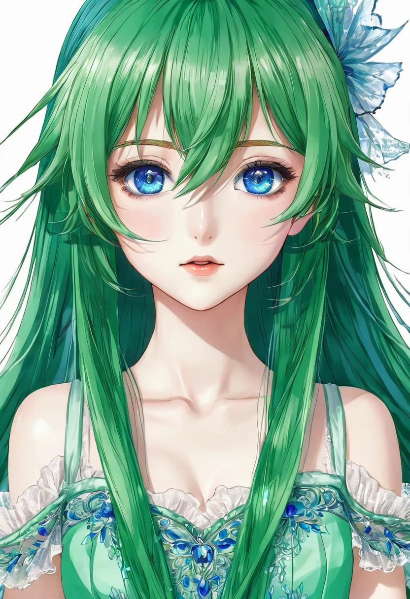 Anime girl with blue eyes, long green hair, and a gorgeous dress 