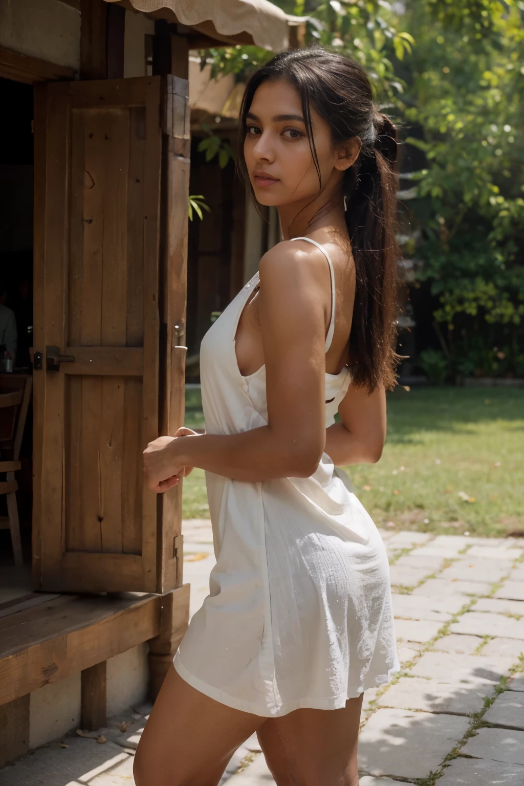 Full length photograph of an Indian girl posing in front. Her physical presence is both commanding and graceful. She has long legs and beautiful body. Her features are a harmonious mix of love and elegance. A pair of intelligent, expressive eyes, the color of deep hazel, reflects the inquisitive nature of her mind. Her black hair cascades down her shoulders, often pulled back in a neat ponytail. Strands of hair frame her face, adding a touch of casual grace to her overall appearance. Her complexion carries a natural warmth, a testament to a life spent both in indoors and outdoors. She is often seen in beautiful dress, and sensible yet stylish footwear. Hyper realistic, extremely detailed, textured skin, cinematic lighting, full body shot.