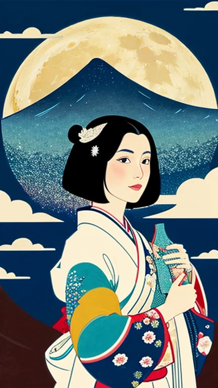 moon　woman wearing kimono　universe　Ukiyo-e