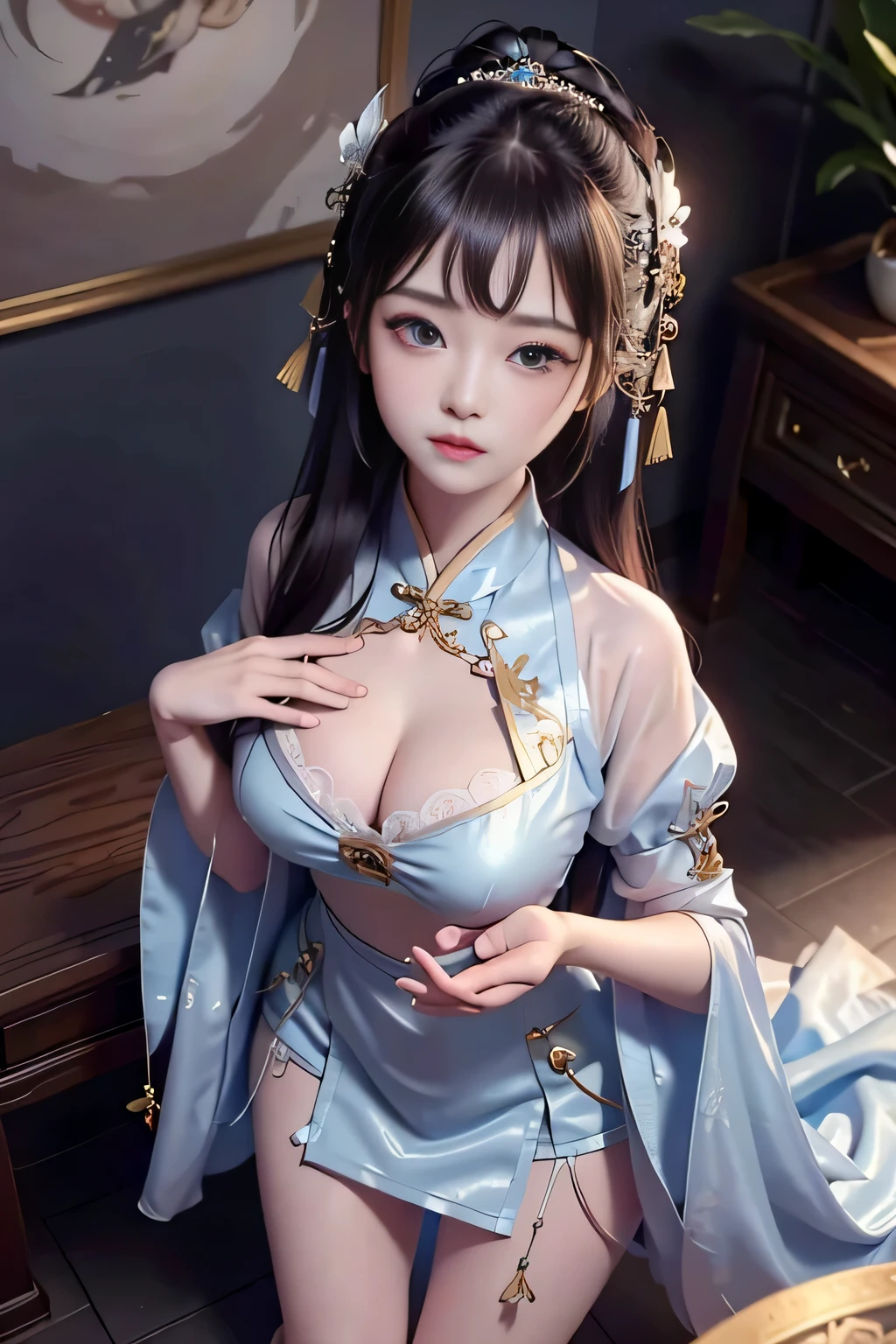 a princess  cute, Wet-breasted Tong dynasty chinese dress, All pictures, Wet body of thin silk fabric, Thin silk lace petticoat,she being  marturbate, (huge ，cleavage),petticoat, white pink, blue ，best qualtiy，tmasterpiece，ultra high resolution，（Realism：1.4），RAW photogr，（True skin texture：1.3），（filmgrain：1.3），（Selfie angle），1个Giant Breast Girl，Beautiful eye and face details，tmasterpiece，Best quality at best，exposing thighs，Bigchest and ，The chest is more exposed，long detailed hair，above looking down facing at camera,short dressPrincess Eyes,Super big eyes,Detailed face,shiny pupils, randome color, dress short, , thin through skin  silk fabric wet bodInnocent Zeroy, thin silk shirt lace petticoat,high heels