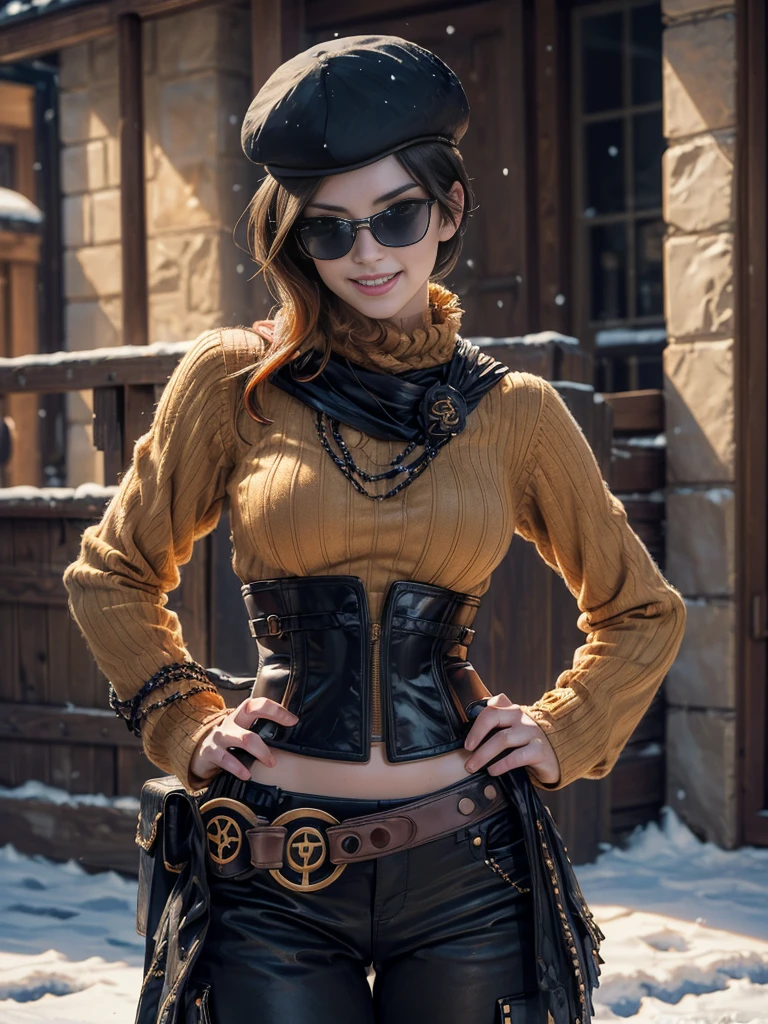 (masterpiece,stunning girlfriend, (standing:1.1), dynamic pose, heart shaped face,elegant face, beautiful face, highly detailed face, highly detailed skin, skin pores, subsurface scattering, realistic pupils, loving smile, looking at viewer, full lips, detailed background, depth of field, atmospheric perspective, volumetric lighting, sharp focus, absurdres, realistic proportions, good anatomy, (realistic, hyperrealistic:1.4), 16k hdr, (masterpiece, best quality:1.2), cowboy shot, solo, 1girl, coco adel, grin, looking at viewer, hand on hip, beret, sunglasses, orange sweater, corset, black gloves, pants, jewelry, belt, bandolier, standing outdoors, near ski lodge, snow, mountain, crowds