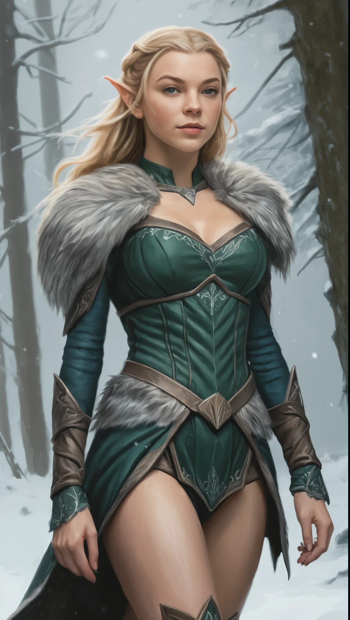 An illustrated movie poster, hand-drawn, full color, a teenage elven girl, wearing a yule outfit, resembles Natalie Dormer, sun-tanned complexion, very tall, athletic body, hourglass figure, curvy, toned midriff, bottom-heavy, generous hips, massive bubble-butt, long legs, ridiculously thick powerful thighs, long pointy elf ears, blonde hair, long loose waves, posing in a snowy boreal forest, hard shadows, graphite shading, stencil marks, airbrushed acrylic paint, masterpiece, in the style of Skyrim 