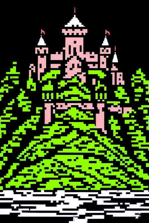 A castle in a dark forest on a hill between two rivers in the form of a coat of arms teletext