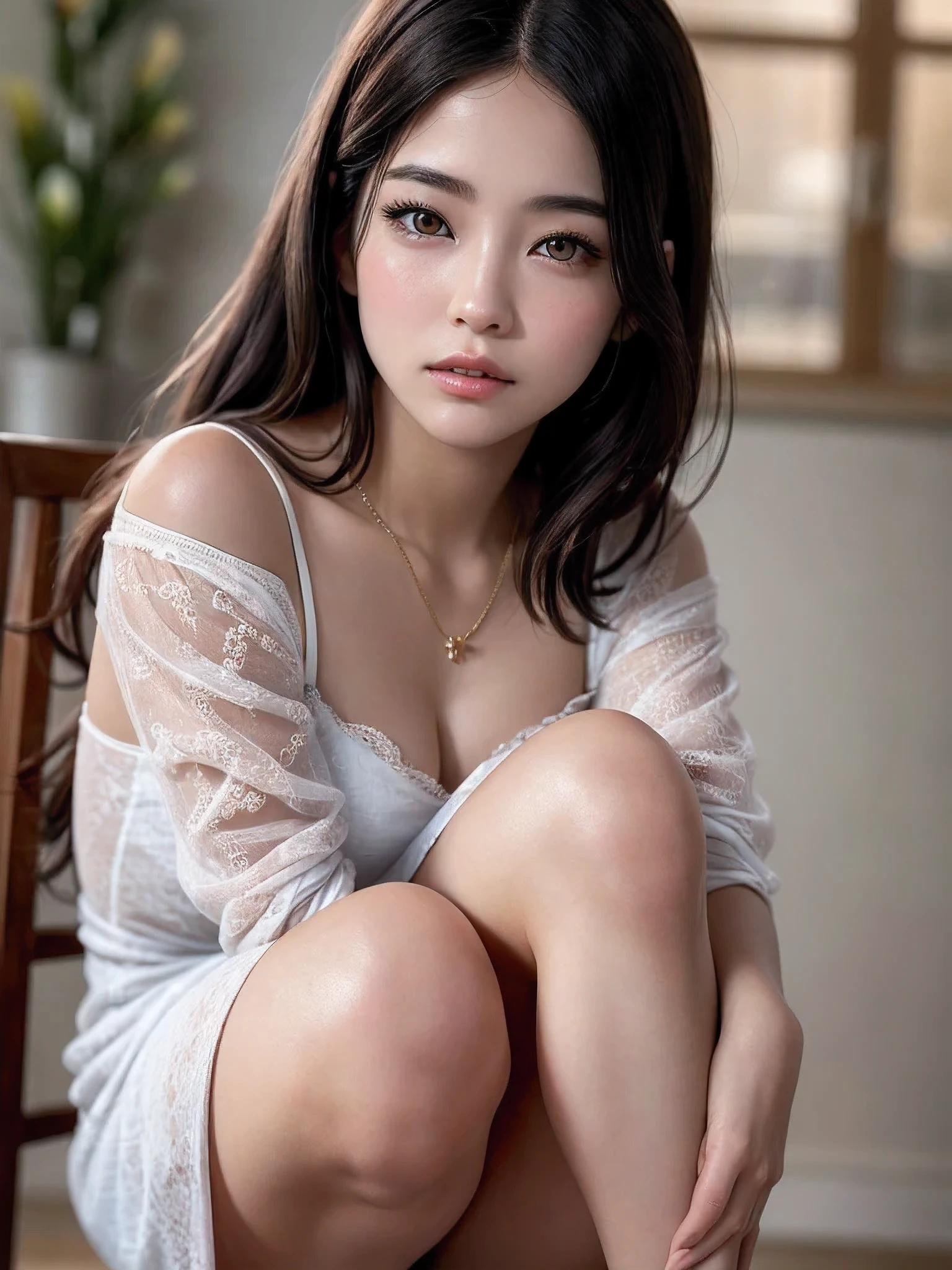 A woman posing in a white dress and a purple line dress、idol singer、stage、23 years old、Mei Nagano、（Natural and detailed face standing、beautiful and detailed eyes、beautiful and dense lips、very detailed eyes、detailed face、long eyelashes）（8K resolution）、High resolution、masterpiece：1.2 )、Super detailed、(real、photorealistic、photorealistic: 1.37)、princess cut、belle delphine、dress、8K、fantastic lighting、bright colors、squatting down