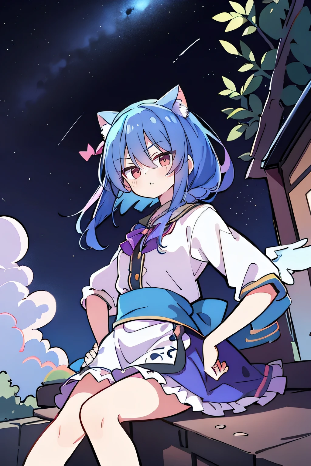 (masterpiece),best quality, expressive eyes, perfect face, 1girl,
Put your hands on your waist,fair, Gorgeous,Japanese cartoons,girl,lola,Hina Angel, blue hair, blue haired, floating clothes,Grab your waist, Grab your waist, hands on hips , hands on hips,sit, sit on ground, Legs on the ground, flat chest,starry sky,cat ear,