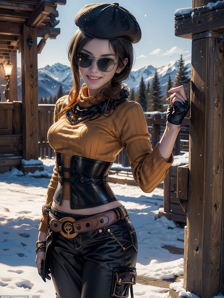 (masterpiece,stunning girlfriend, (standing:1.1), dynamic pose, heart shaped face,elegant face, beautiful face, highly detailed face, highly detailed skin, skin pores, subsurface scattering, realistic pupils, loving smile, looking at viewer, full lips, detailed background, depth of field, atmospheric perspective, volumetric lighting, sharp focus, absurdres, realistic proportions, good anatomy, (realistic, hyperrealistic:1.4), 16k hdr, (masterpiece, best quality:1.2), cowboy shot, solo, 1girl, coco adel, grin, looking at viewer, hand on hip, beret, sunglasses, orange sweater, corset, black gloves, pants, jewelry, belt, bandolier, standing outdoors, near ski lodge, snow, mountain, crowds