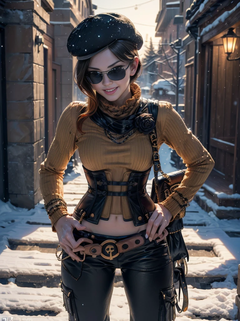 (masterpiece,stunning girlfriend, (standing:1.1), dynamic pose, heart shaped face,elegant face, beautiful face, highly detailed face, highly detailed skin, skin pores, subsurface scattering, realistic pupils, loving smile, looking at viewer, full lips, detailed background, depth of field, atmospheric perspective, volumetric lighting, sharp focus, absurdres, realistic proportions, good anatomy, (realistic, hyperrealistic:1.4), 16k hdr, (masterpiece, best quality:1.2), cowboy shot, solo, 1girl, coco adel, grin, looking at viewer, hand on hip, beret, sunglasses, orange sweater, corset, black gloves, pants, jewelry, belt, bandolier, standing outdoors, near ski lodge, snow, mountain, crowds