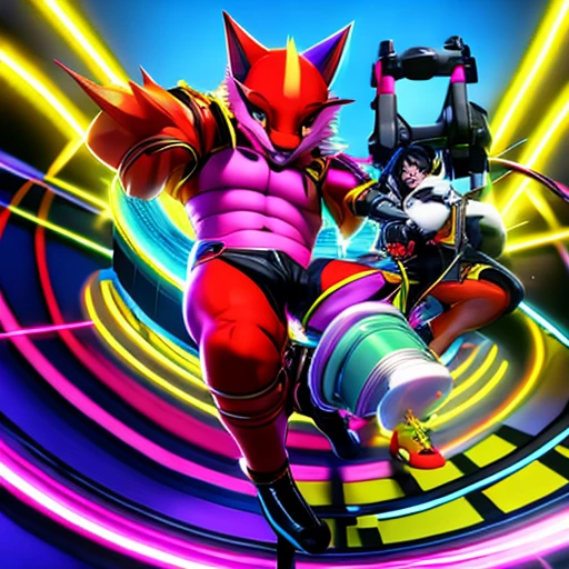 Long nose, Pale face, Big smile, Slightly spiky black hair, Basic black clothing, Dark and pink armor, Core in the center of the chest, Large neon wings, Suspended in the air, with wires holding it, Large stature, Cannon on the left arm, White high heels, very eccentric and petty personality, greedy, rollercoaster atmosphere