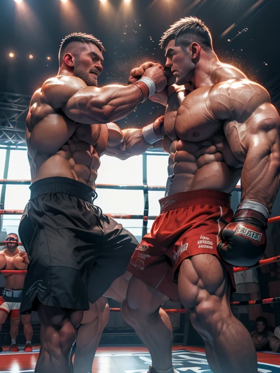 Cinematic Snapshot, (Two shirtless men in the ring, Fights without rules, A tense moment, fight for the mankind moment, active action, 2 senior muscle beard men are beating each other abs brutally (black hair and brown hair), bloody fight scene, bruised on their muscles, manliness fight, cinematic quality, movie lighting, high resolution, Maximum photorealism, maximum definition, extremely manly fight atmosphere, perfect muscle anatomy, perfect boxing choreograph, active action.