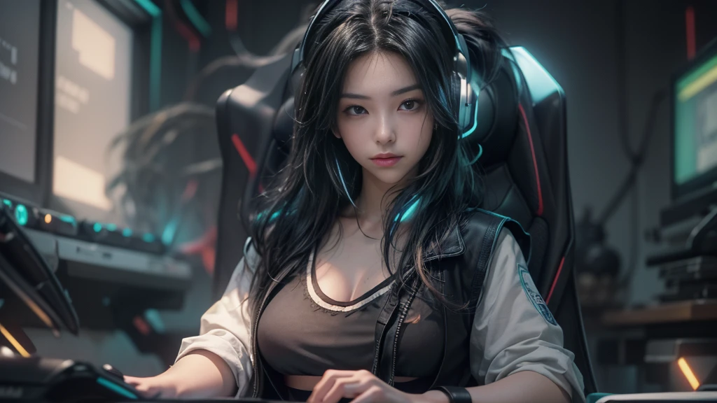 ultra-detailed, cute woman, petite stature, enormous breasts, white skin, alluring figure, black long messy hair, long upper eyelashes, eyebrows behind hair, upturned eyes, light blush, seductive smile, background((dark and messy gaming room, Server Machine, neon lights, Braces, some Computer screen, notebook)), messy paper, flight, Debris flying, writing border depth, Movie, Finished lunch box, Cup drinks, (((seated in a gaming chair))), ((sitting behind a computer)), ((Cross the feet)), (engrossed in staring at the computer screen:1.4), ((hands moving on the keyboard)), ((black RGB gaming headset)), ((black-framed glasses)), ((Blue jacket)), Open one shoulders, ((black short bandeau top)), ((white skirt), ((black thigh-high stockings)), ((screen light)), HDR, Premium shadow, Perfect painting, visual art, Perfect art, super detail, chiaroscuro, Best quality, super textured skin, super detail face, perfect face, Super fine facial details, beautiful and delicate eyes, perfect eyes, correct limbs, correct finger, super detail finger, best hair quality, best clothing quality, (((best prop quality))), ccurate, highres, super detail, masterpiece,, (photorealistic:1.3)