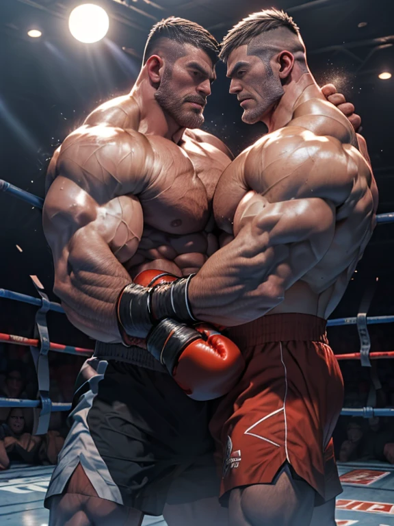 Cinematic Snapshot, (Two shirtless men in the ring, Fights without rules, A tense moment, fight for the mankind moment, active action, 2 senior muscle beard men are beating each other abs brutally (black hair and brown hair), bloody fight scene, bruised on their muscles, manliness fight, cinematic quality, movie lighting, high resolution, Maximum photorealism, maximum definition, extremely manly fight atmosphere, perfect muscle anatomy, perfect boxing choreograph, active action.