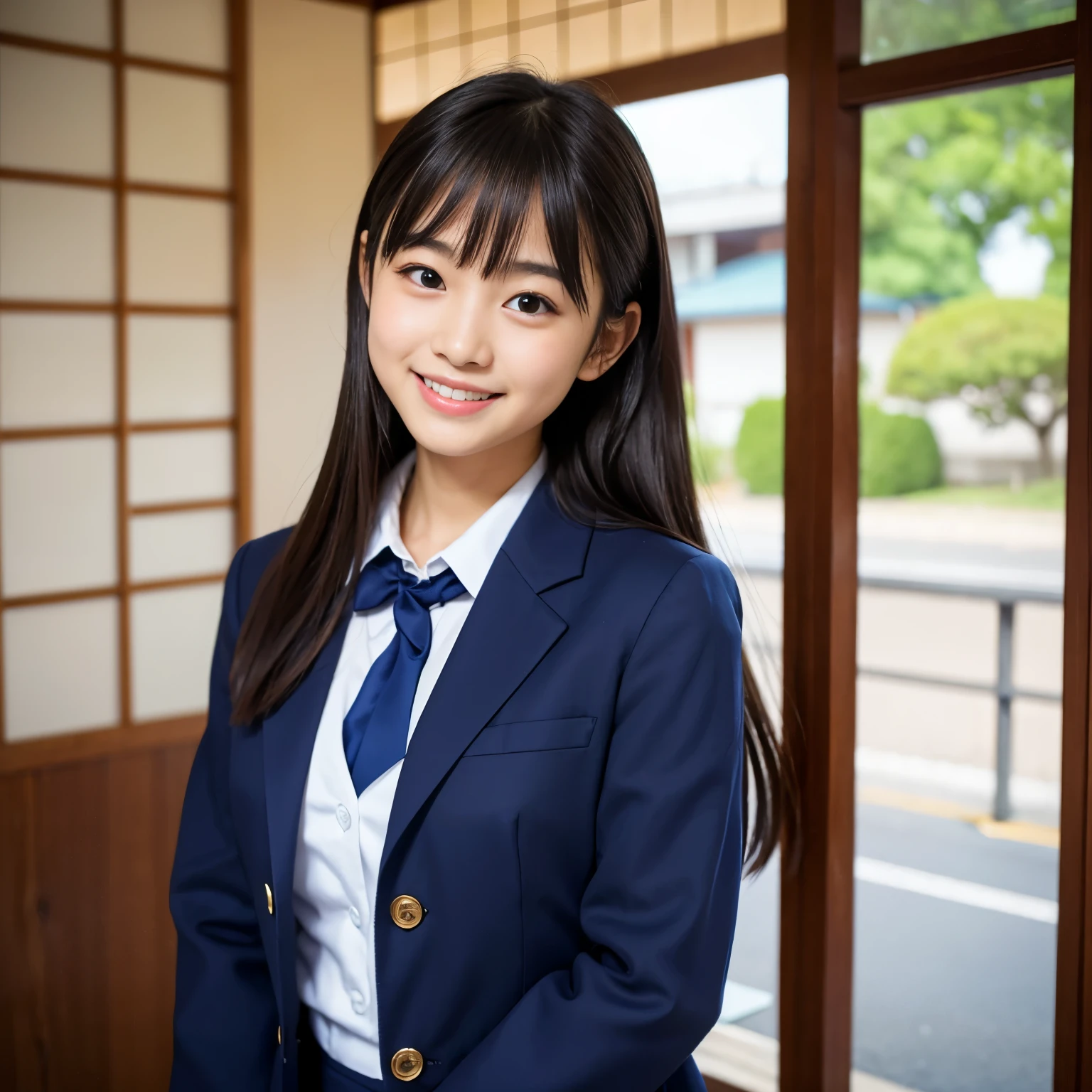 Best-quality, Masterpiece, Ultra-High-Resolution, (Photorealistic:1.4), Raw-Photo, 1girl, 12-years-old, the most famous Japanese idol, wearing navy-blue Japanese high-school uniform, extremely cute face like the most popular Japanese idol, extremely beautiful big-black-eyes, extremely beautiful hair, extremely beautiful skins, looking at viewer, innocent-smile, detailed navy-blue- Japanese-high-school-uniform