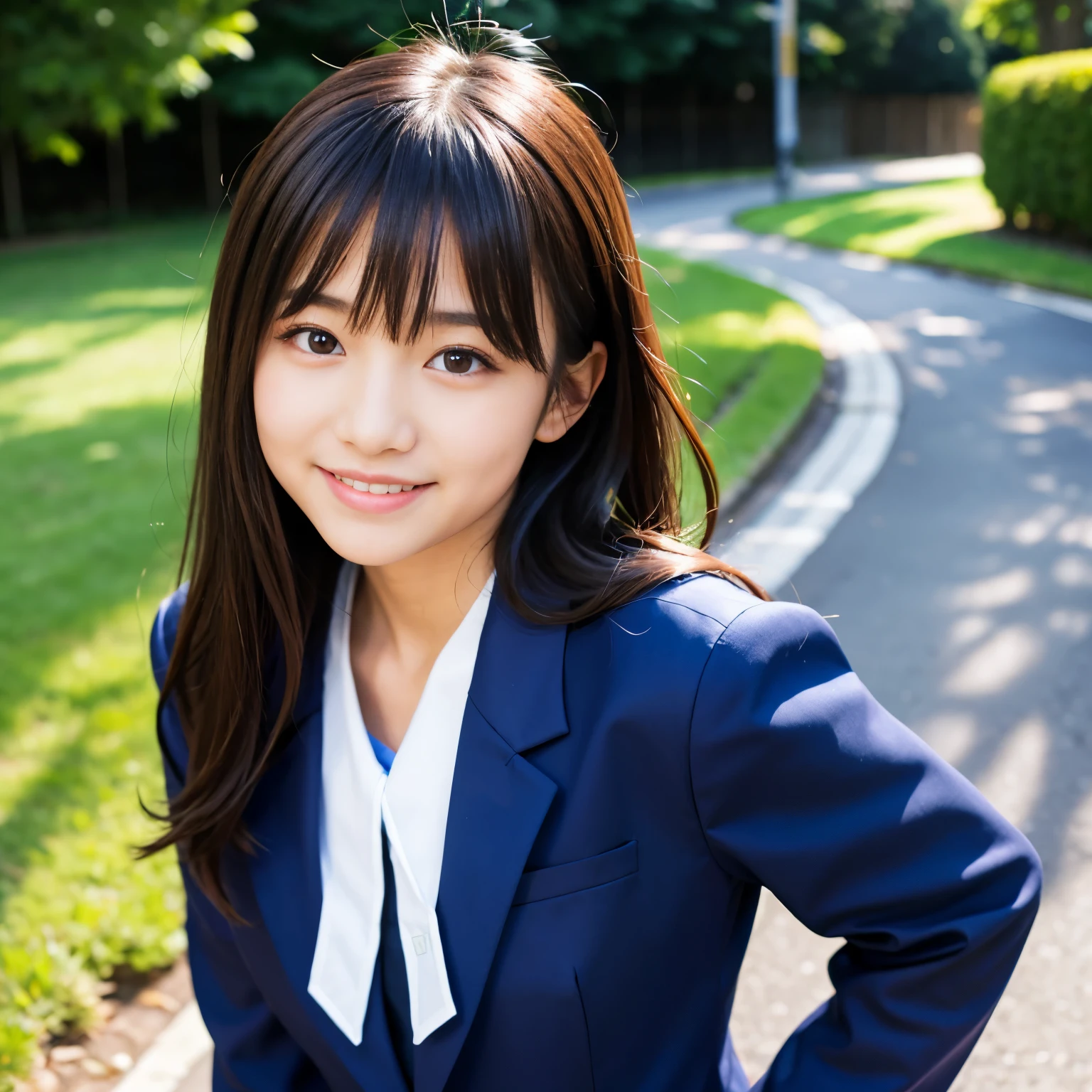 Best-quality, Masterpiece, Ultra-High-Resolution, (Photorealistic:1.4), Raw-Photo, 1girl, 12-years-old, the most famous Japanese idol, wearing navy-blue Japanese high-school uniform, extremely cute face like the most popular Japanese idol, extremely beautiful big-black-eyes, extremely beautiful hair, extremely beautiful skins, looking at viewer, innocent-smile, detailed navy-blue- Japanese-high-school-uniform