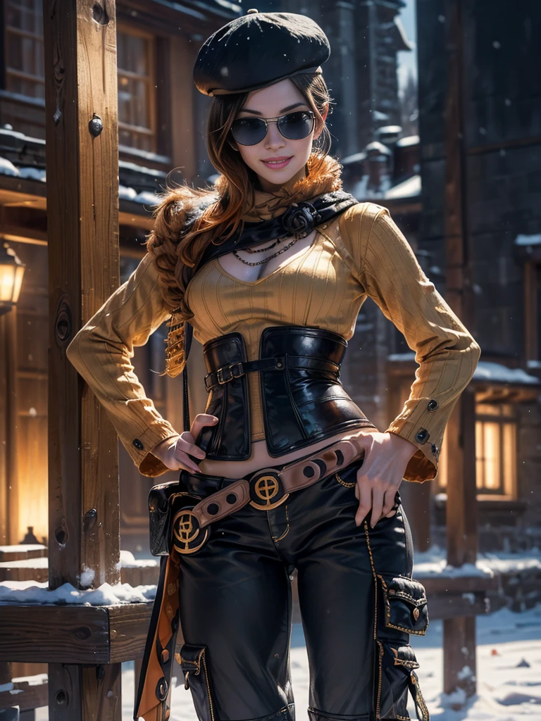 (masterpiece,stunning girlfriend, (standing:1.1), dynamic pose, heart shaped face,elegant face, beautiful face, highly detailed face, highly detailed skin, skin pores, subsurface scattering, realistic pupils, loving smile, looking at viewer, full lips, detailed background, depth of field, atmospheric perspective, volumetric lighting, sharp focus, absurdres, realistic proportions, good anatomy, (realistic, hyperrealistic:1.4), 16k hdr, (masterpiece, best quality:1.2), cowboy shot, solo, 1girl, coco adel, grin, looking at viewer, hand on hip, beret, sunglasses, orange sweater, corset, black gloves, pants, jewelry, belt, bandolier, standing outdoors, near ski lodge, snow, mountain, crowds 