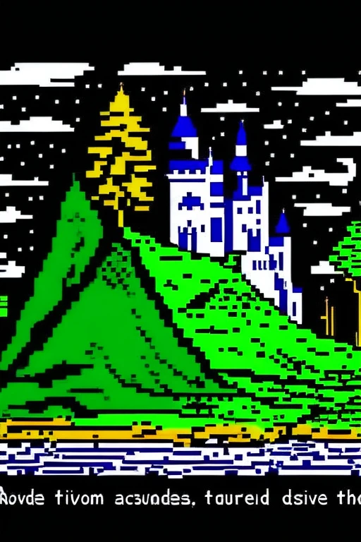 A castle in a dark forest on a hill between two rivers round image teletext

