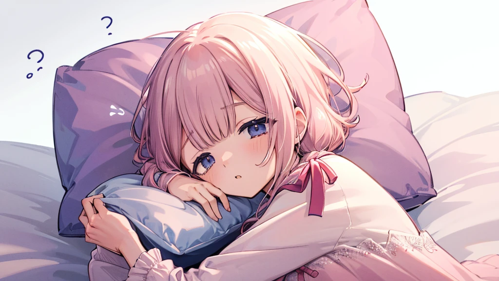 ツインbed、、cute、、bed、look down、lie down、turn to the side、、sleepy目をこすりながら、sleepy、yawn、Hold a pillow、Looks sleepy