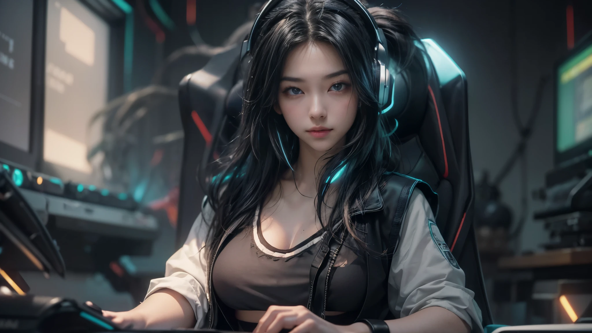 ultra-detailed, cute woman, petite stature, enormous breasts, white skin, alluring figure, black long messy hair, long upper eyelashes, eyebrows behind hair, upturned eyes, light blush, seductive smile, background((dark and messy gaming room, Server Machine, neon lights, Braces, some Computer screen, notebook)), messy paper, flight, Debris flying, writing border depth, Movie, Finished lunch box, Cup drinks, (((seated in a gaming chair))), ((sitting behind a computer)), ((Cross the feet)), (engrossed in staring at the computer screen:1.4), ((hands moving on the keyboard)), ((black RGB gaming headset)), ((black-framed glasses)), ((Blue jacket)), Open one shoulders, ((black short bandeau top)), ((white skirt), ((black thigh-high stockings)), ((screen light)), HDR, Premium shadow, Perfect painting, visual art, Perfect art, super detail, chiaroscuro, Best quality, super textured skin, super detail face, perfect face, Super fine facial details, beautiful and delicate eyes, perfect eyes, correct limbs, correct finger, super detail finger, best hair quality, best clothing quality, (((best prop quality))), ccurate, highres, super detail, masterpiece,, (photorealistic:1.3)
