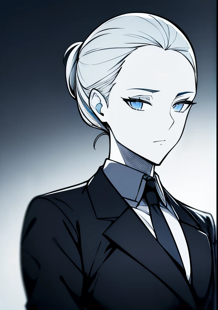One Young Adult female, pale blonde slicked back into a short ponytail with a single bang on the left hand side, steel blue eyes, light and carefree expression, wearing black suit jacket and tie, portrait style, facing forwards