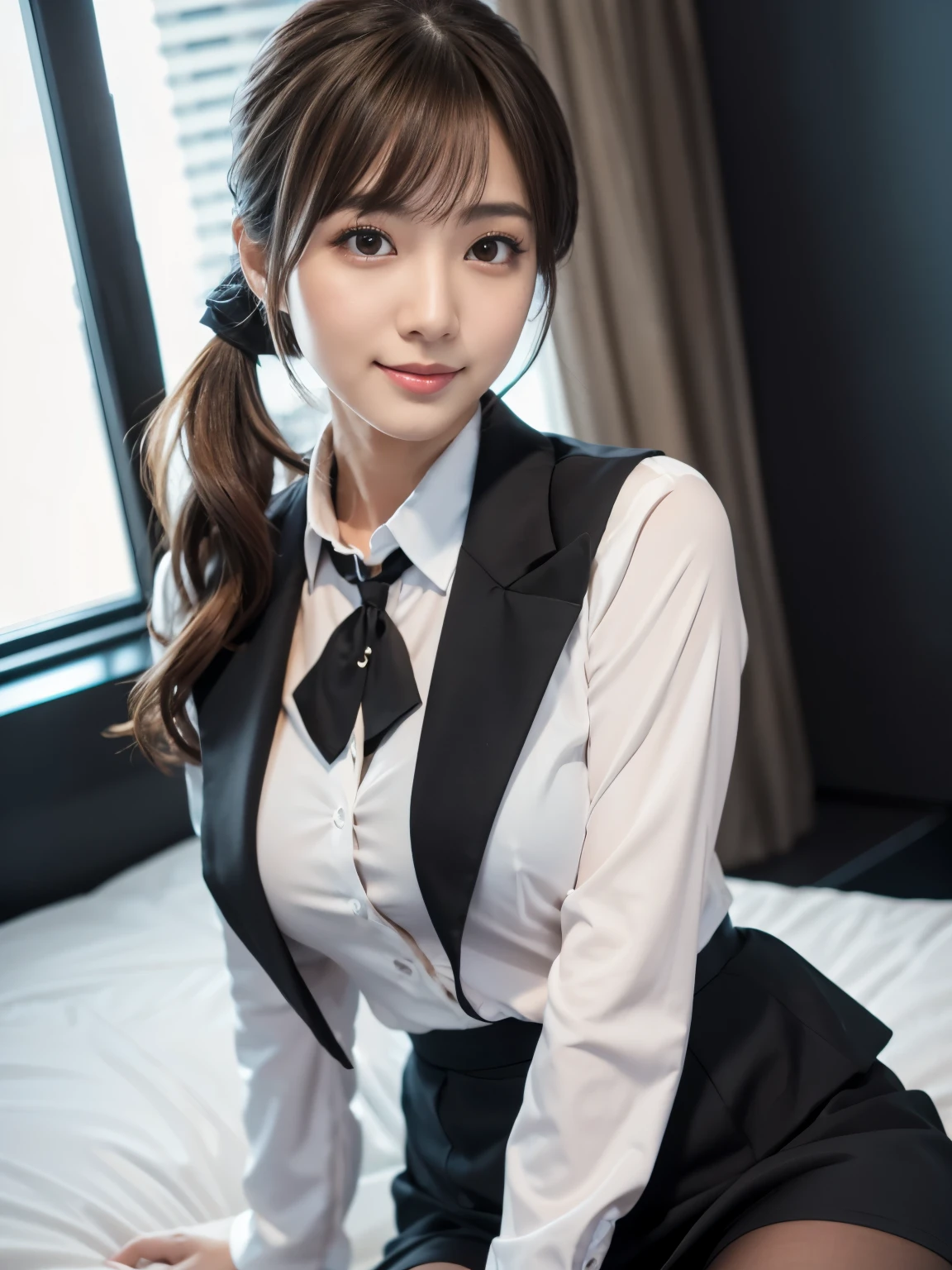 1girl, Solo, pantyhose, Brown eyes, Looking at Viewer, (office lady suit), sit on the bed, Brown hair, medium hair, messy hair, asymmetrical bangs, short ponytail, Black jacket, blush, (collared white shirt), Black tight skirt, Long sleeves, Suit, Large breasts, cleavage, Formal, Smile, Black pantyhose, a beauty girl ,8K, high resolution,Raw photo, (masutepiece:1.2), (Best Quality:1.2), Realistic, Photorealsitic, Sharp Focus,moody lighting, blue hour, Japanese idol, 28 years old, tall, Glamour, flank、