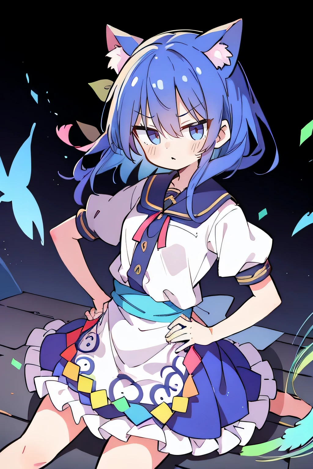 (masterpiece),best quality, expressive eyes, perfect face, 1girl,
 Put your hands on your waist,fair, Gorgeous,Japanese cartoons,girl,lola,Hina Angel, blue hair, blue haired, floating clothes,Grab your waist, Grab your waist, hands on hips , hands on hips,sit, sit on ground, Legs on the ground, flat chest,starry sky,cat ear,
