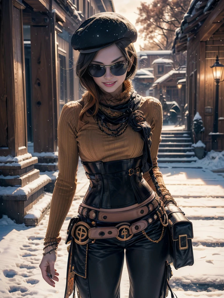 (masterpiece,stunning girlfriend, (standing:1.1), dynamic pose, heart shaped face,elegant face, beautiful face, highly detailed face, highly detailed skin, skin pores, subsurface scattering, realistic pupils, loving smile, looking at viewer, full lips, detailed background, depth of field, atmospheric perspective, volumetric lighting, sharp focus, absurdres, realistic proportions, good anatomy, (realistic, hyperrealistic:1.4), 16k hdr, (masterpiece, best quality:1.2), cowboy shot, solo, 1girl, coco adel, grin, looking at viewer, hand on hip, beret, sunglasses, orange sweater, corset, black gloves, pants, jewelry, belt, bandolier, standing outdoors, near ski lodge, snow, mountain, crowds 