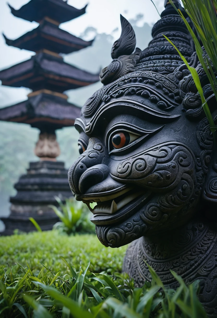 (best quality,8k,highres),ultra-detailed,(realistic:1.37),dramatic lighting,portrait,stone floor,closeup,solo,ornament,Balinese Rangda creature,Bali,Garuda Vishnu Kencana temple,grass,epic,dawn,fog,low light,bokeh