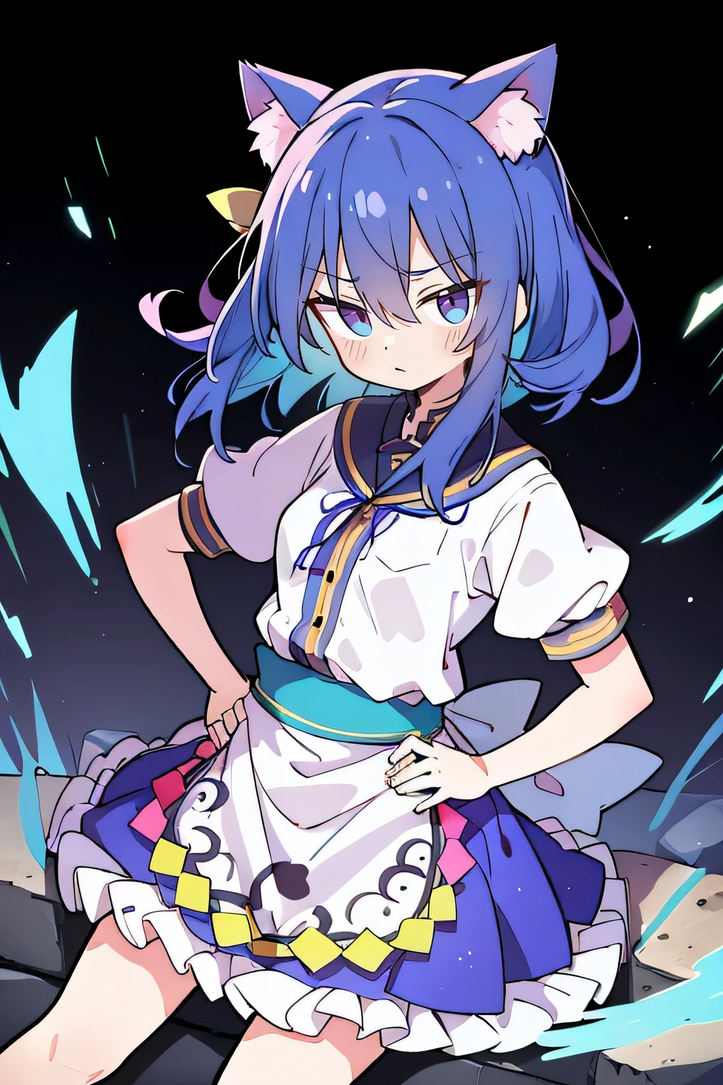 (masterpiece),best quality, expressive eyes, perfect face, 1girl,
Put your hands on your waist,fair, Gorgeous,Japanese cartoons,girl,lola,Hina Angel, blue hair, blue haired, floating clothes,Grab your waist, Grab your waist, hands on hips , hands on hips,sit, sit on ground, Legs on the ground, flat chest,starry sky,cat ear,
