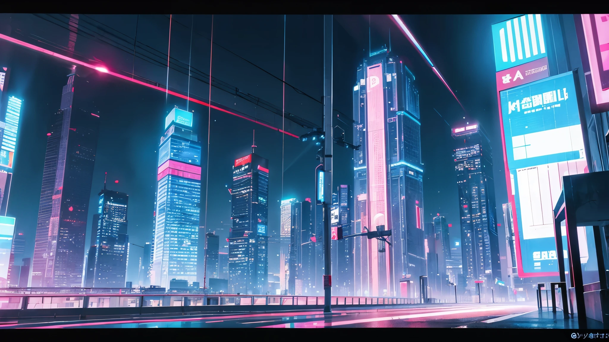 CIUDAD FUTURISTA ESTILO CYBERPUNK. SKYSCRAPER WITH NEON LIGHTS. CARTELES EN CHINO, COREANO Y EN OTROS IDIOMAS. traffic lights, AUTOPISTAS. PRIMER PLANO EN 3D