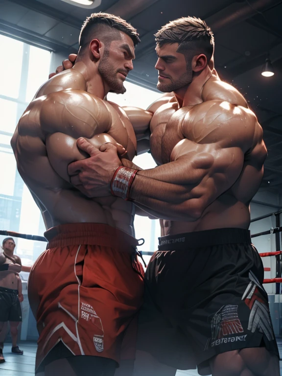Cinematic Snapshot, (Two shirtless men in the ring, Fights without rules, A tense moment, fight for the mankind moment, active action, 2 senior muscle beard men are beating each other abs brutally (black hair and brown hair), bloody fight scene, bruised on their muscles, manliness fight, cinematic quality, movie lighting, high resolution, Maximum photorealism, maximum definition, extremely manly fight atmosphere, perfect muscle anatomy, perfect boxing choreograph, active action.
