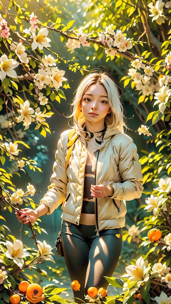 ((1 open-faced girl), (full height, very cute)). ((young white girl, white hair),(NSFW), (orange:1.1, white:1.3, yellow: 1.3), (very sexy girl rapper with dreadlocks), (tattoos), (naked parts of the body), (down jacket: 1,2), (Jacket on the naked body, thong, short T-shirt)). ((skulls, flowers, fruits),(fractal, Cherry blossoms, green leaves, Fog, background of circles)).((Ideal, beautiful), (pictorial background, broad strokes, attention to detail of the girl’s face, figures, flowers)). ((background complex insanely detailed octane render trending on artstation), (8k fine art photography, photorealistic concept art), (soft natural volumetric cinematic perfect light, chiaroscuro, award-winning photography), (masterpiece)).